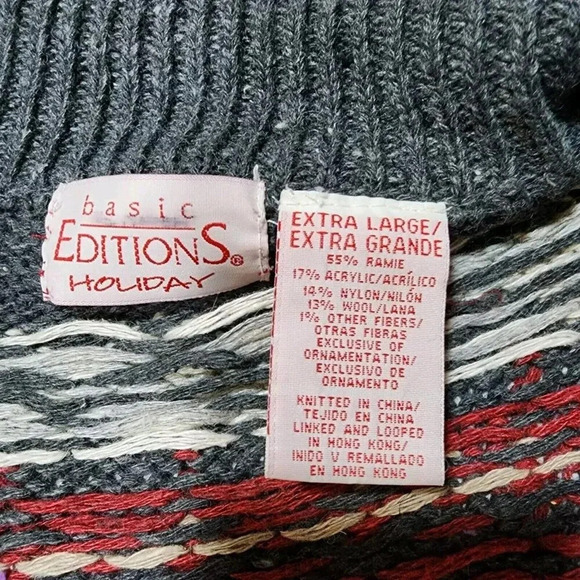 VINTAGE Basic Editions Holiday Cardigan Women XL Wool BLEND Gray Red White SKI - Picture 5 of 9